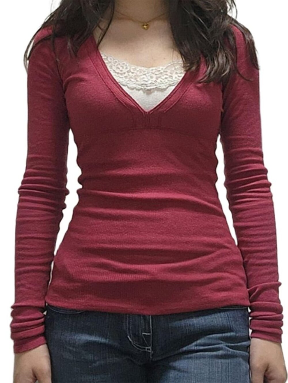 Fairy Grunge Y2K Shirts for Women Long Sleeve Lace Patchwork Tees Tops Teen